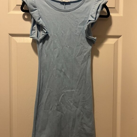 Zara Ribbed Mini Dress with Ruffle Sleeves - Picture 2 of 4